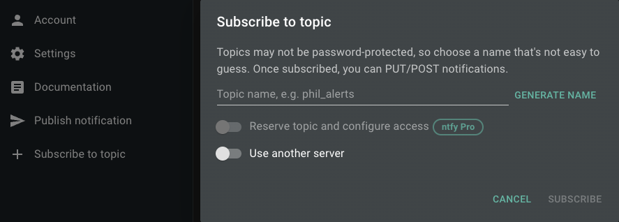 ntfy.sh web interface